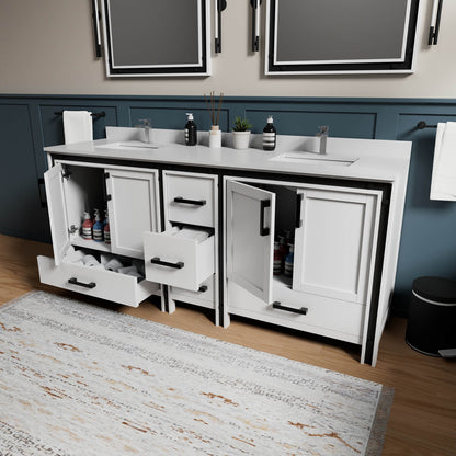 80 inch white freestanding bathroom vanity with dual sinks and ample storage space