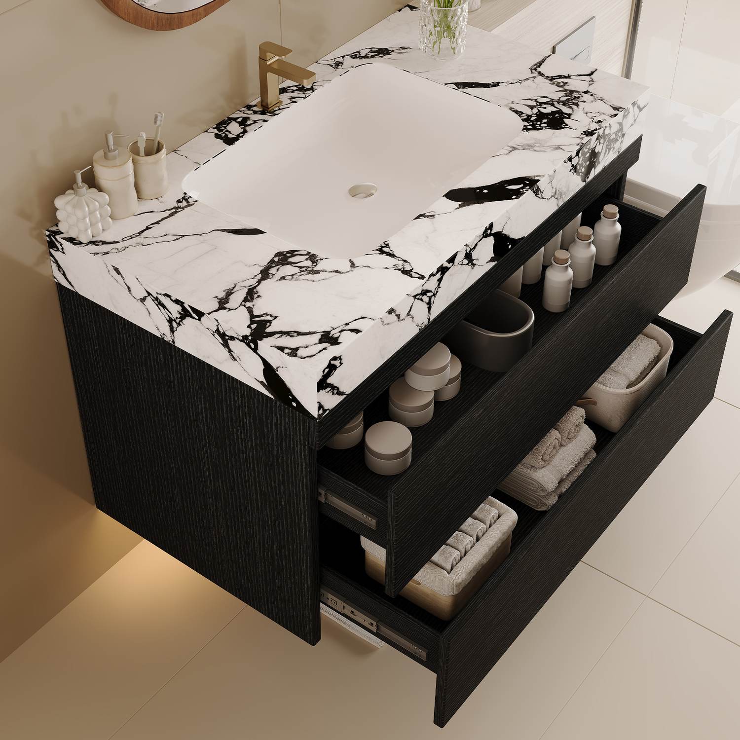 29.9 inch Black Floating Bathroom Vanity Pulled Out 2 Drawers Storage View