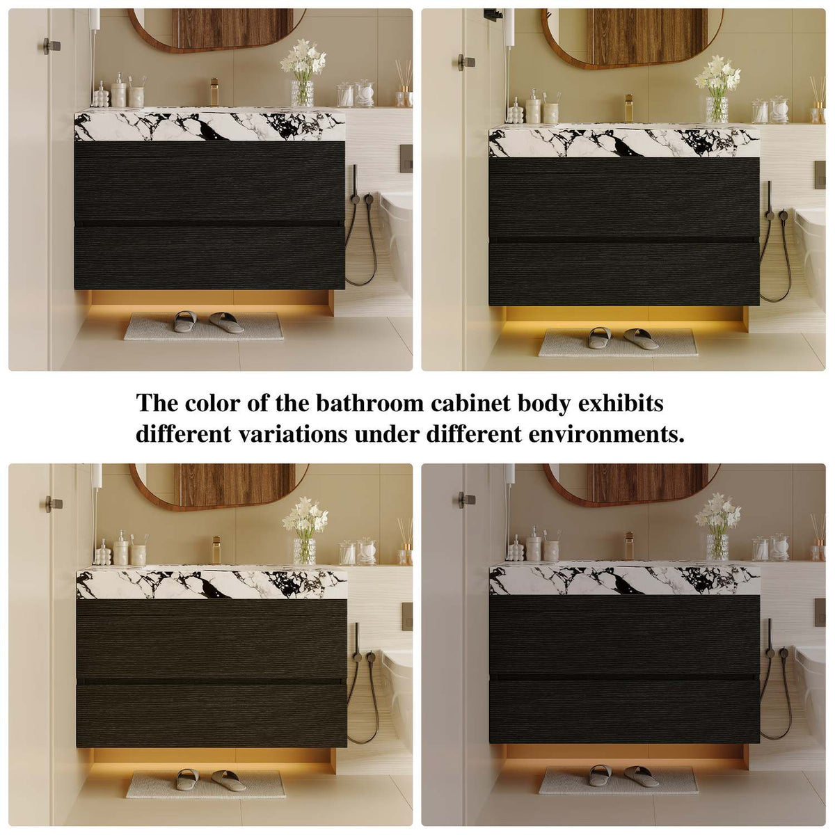 29.9 inch Black Floating Bathroom Vanity Color Variation Across Lighting Conditions