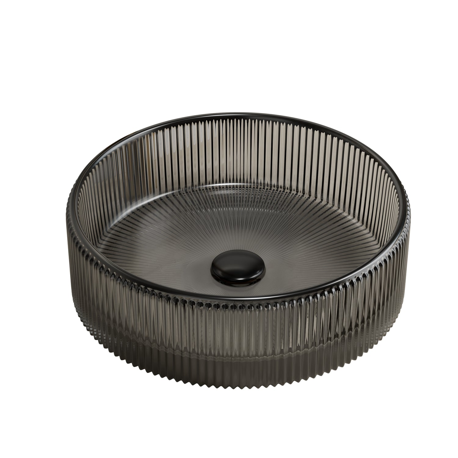 Round Transparent Black Crystal Glass Above-Counter Vessel Sink interior radial ribbed design centered black drain