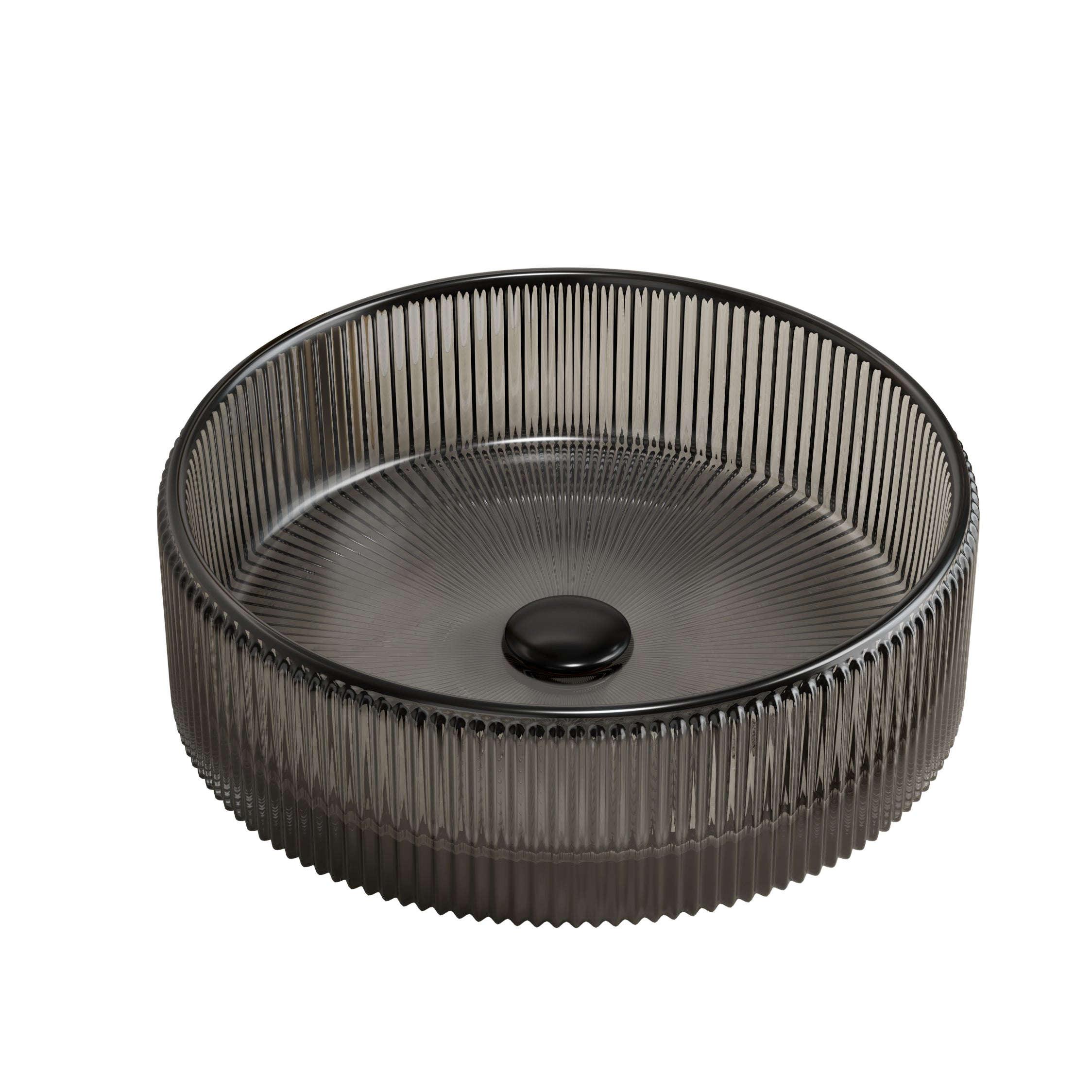 Round Transparent Black Crystal Glass Above-Counter Vessel Sink interior radial ribbed design centered black drain