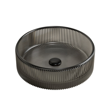 Round Transparent Black Crystal Glass Above-Counter Vessel Sink interior radial ribbed design centered black drain