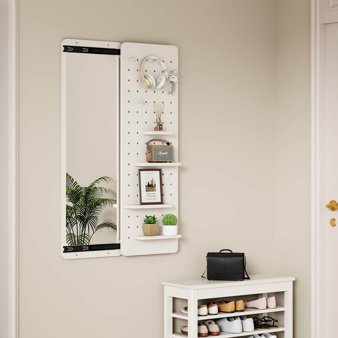 47"x15" White Wall Mounted Full Length Mirror with Sliding Shelves & Hooks