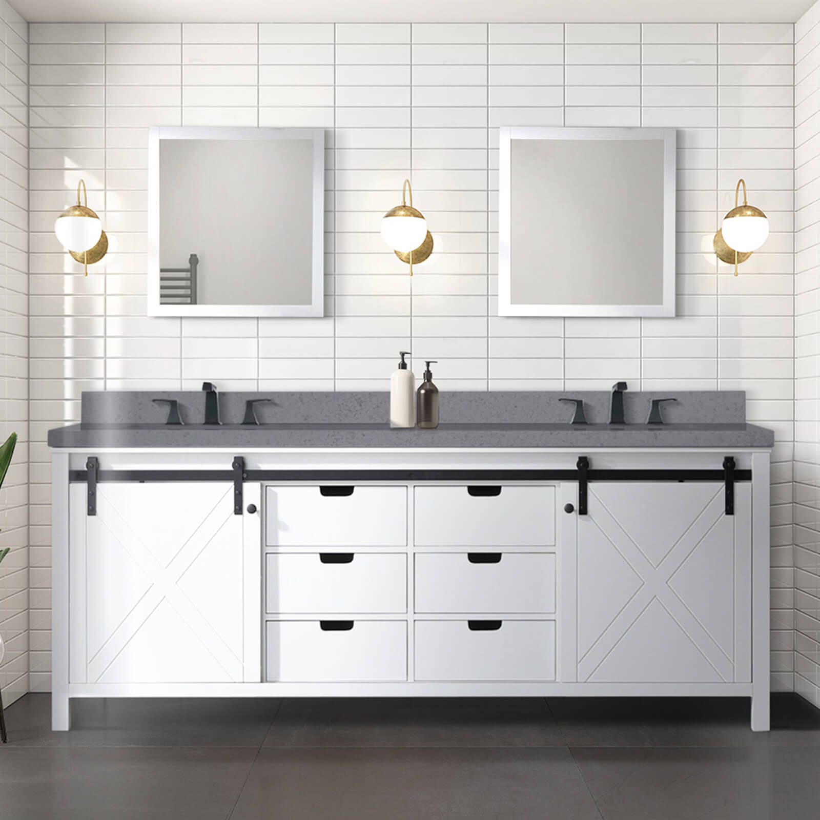 84 IN Sliding Barn Door Bathroom Vanity with Gray Quartz Top