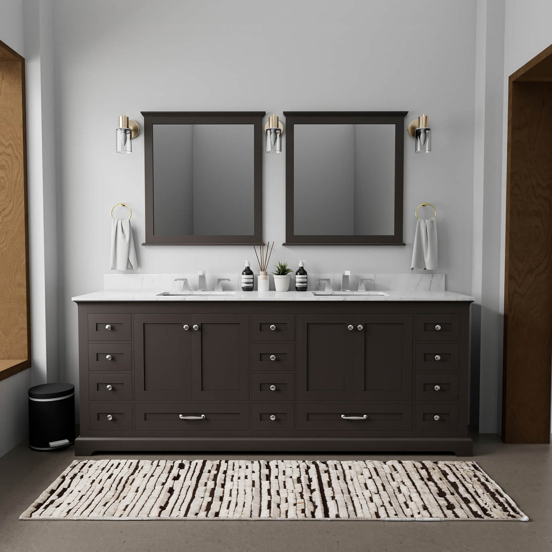 84 inch black double vanity with Carrara marble countertop