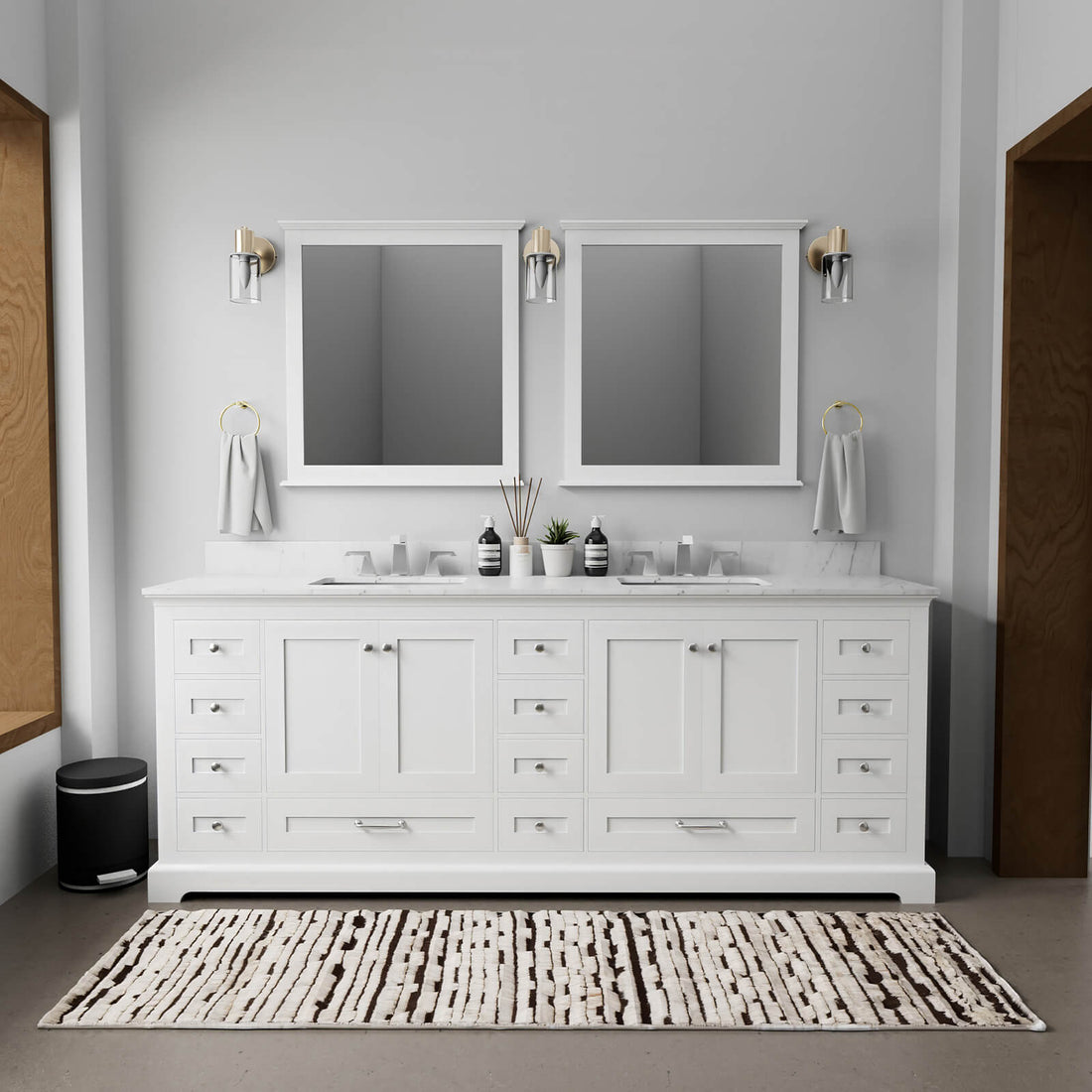 84 inch white double vanity with Carrara marble countertop