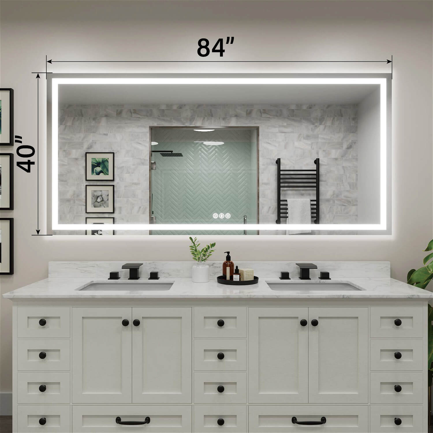 84x40 inch LED bathroom mirror with dimension markings and edge light strip