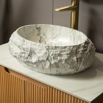 Ivory Stone Pattern Resin Vessel Bathroom Sink above-counter oval basin rock-like exterior marble texture