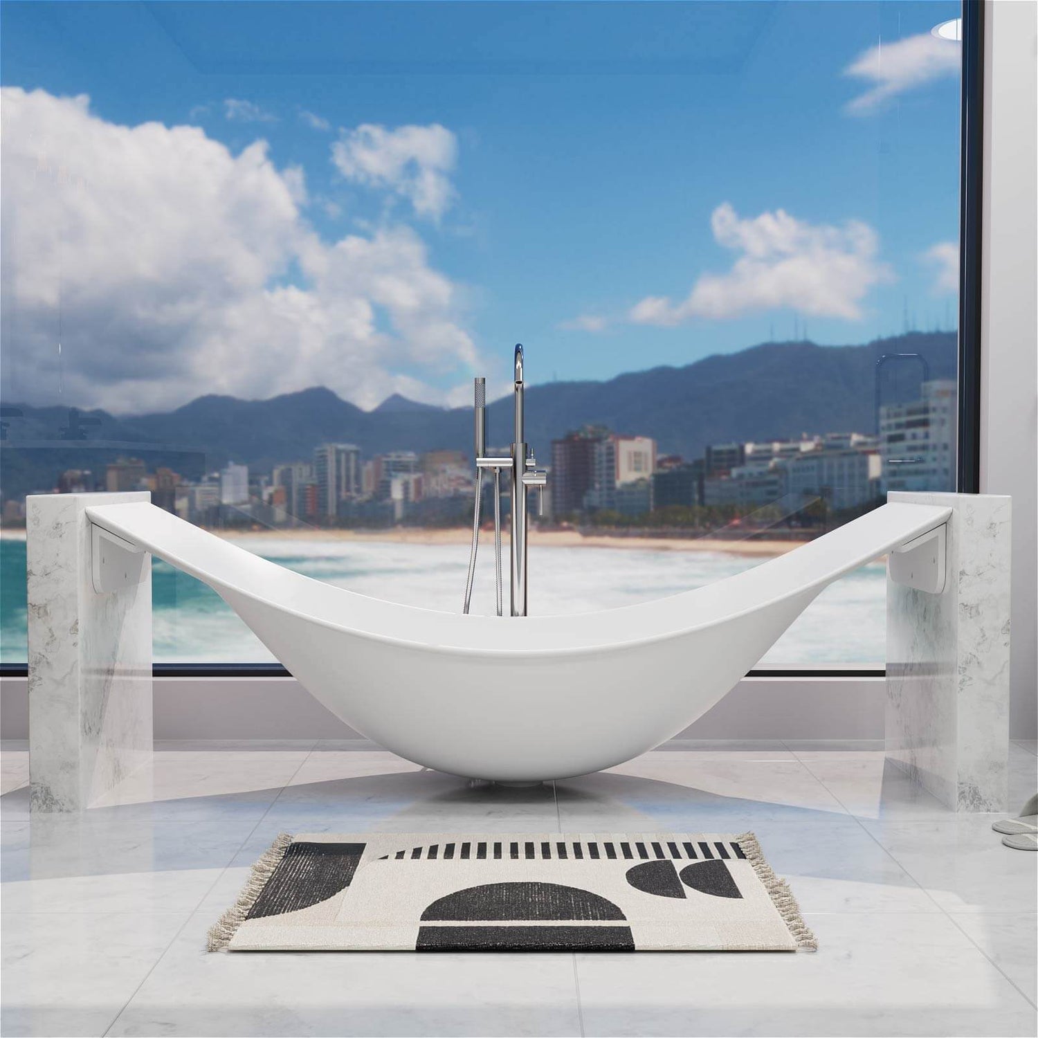 86 in White Stone Resin Suspended Hammock Tub