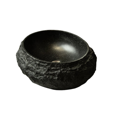 Dark Gray Stone Pattern Resin Vessel Bathroom Sink oval basin with drain hole rock-like exterior stone texture