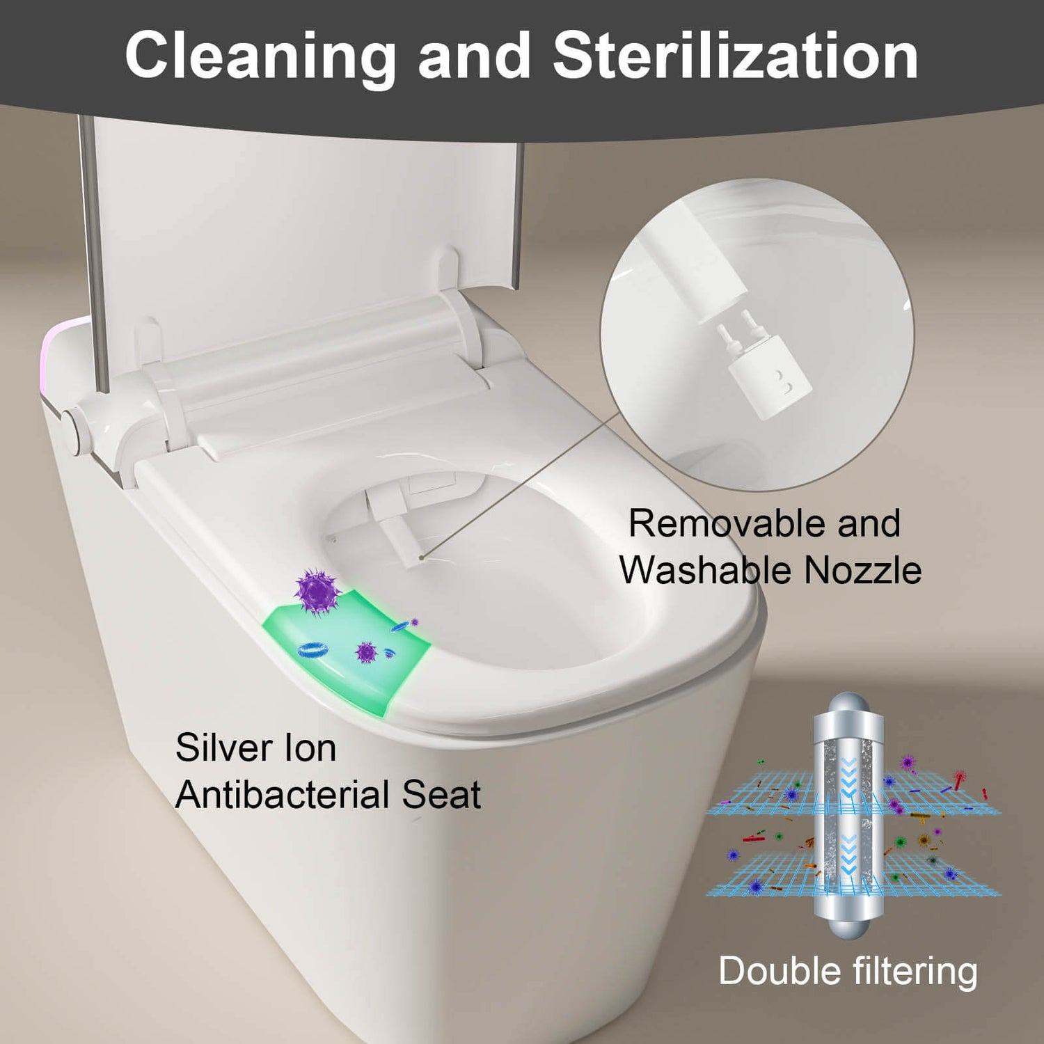 Description of modern silent flushing smart toilet silver ion antibacterial seat