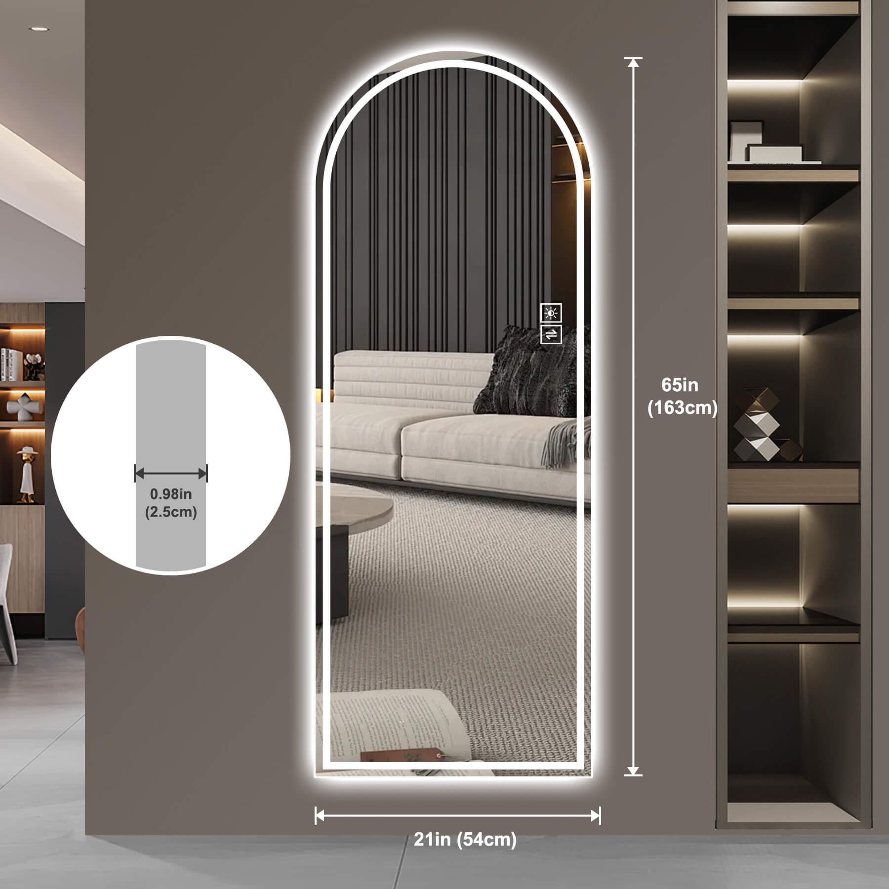 65"x21" Arch LED Bathroom Mirror with Anti-Fog, Dimmable Tri-Color Lights