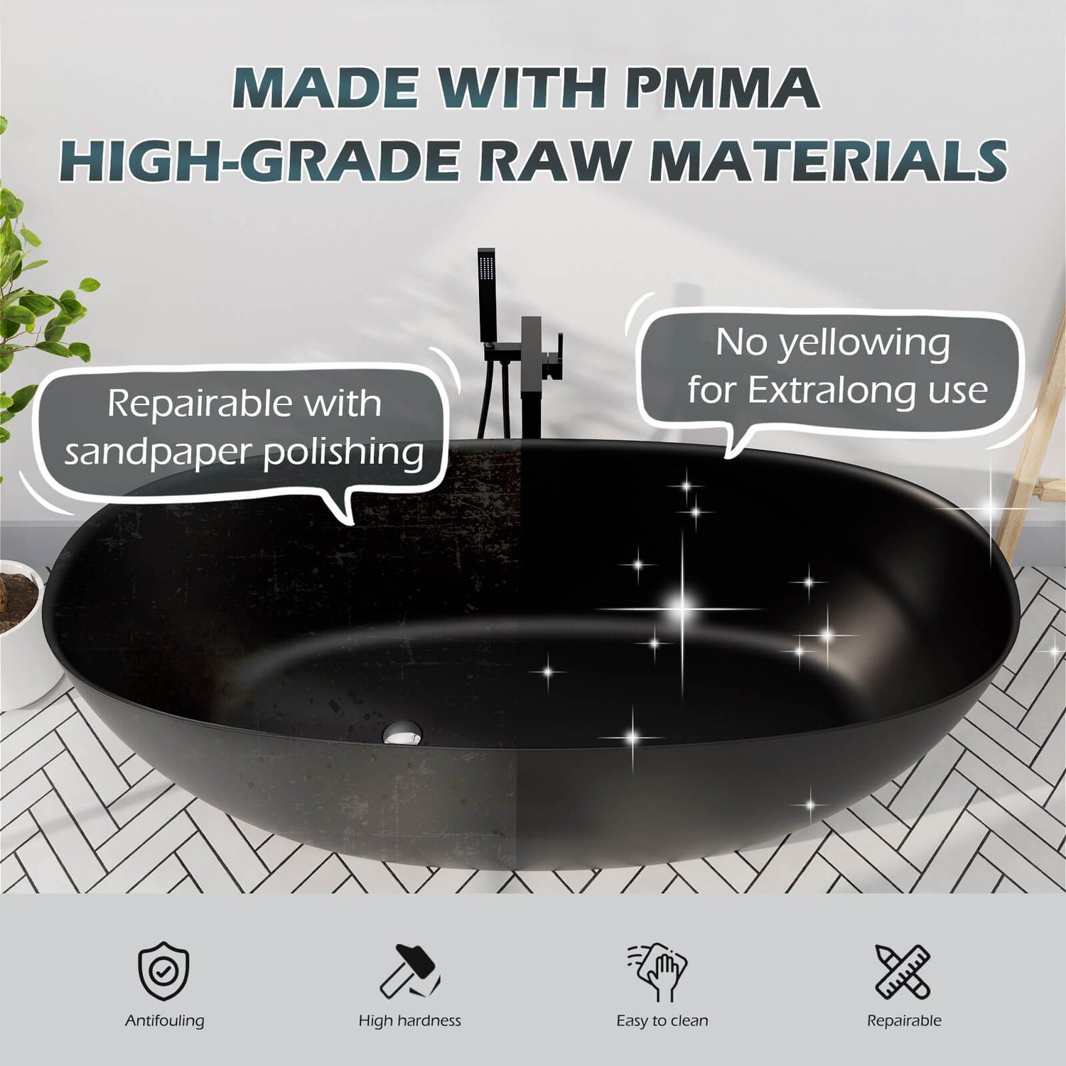 Easier to clean black modern oval freestanding soaking tub