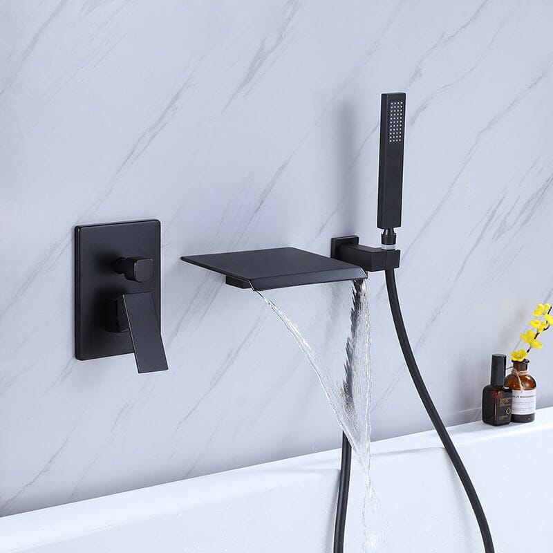 Waterfall Wall Mount Tub Faucet with Hand Shower, Matte Black