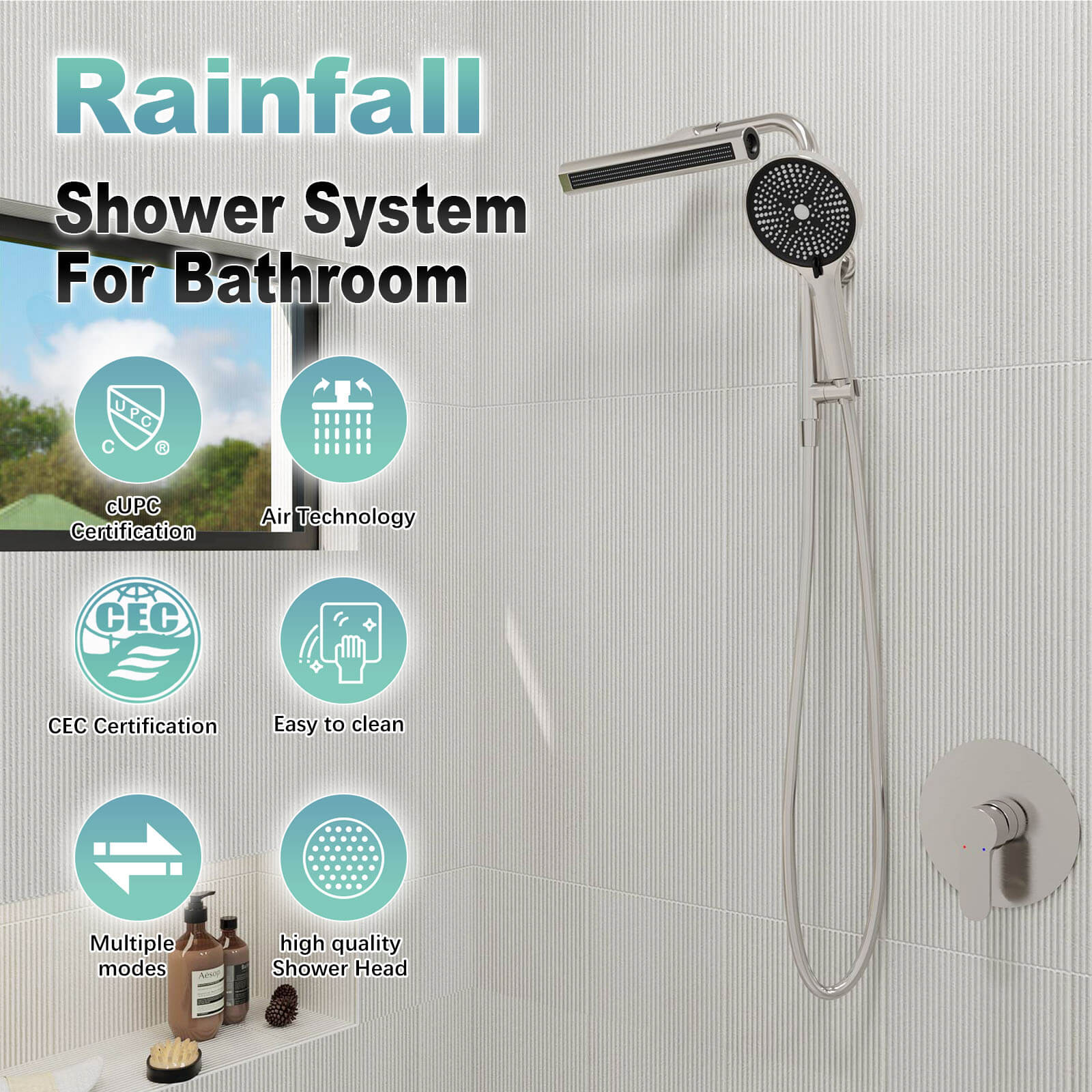 8&quot; Wall Bar Shower Kit with 360° Rotate 3-Spray Cylindrical Shower Head And 6-Spray Handheld