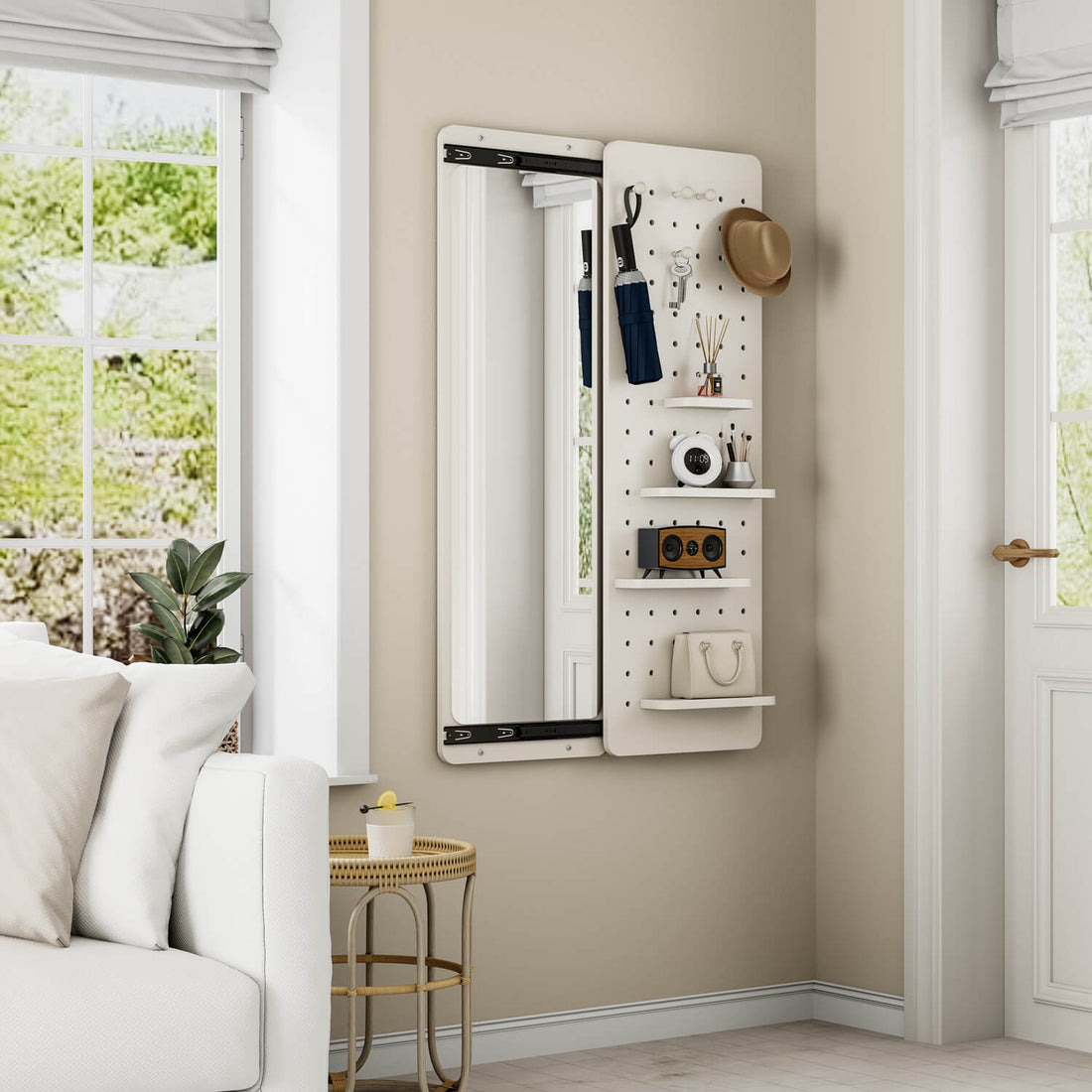 47"x15" White Wall Mounted Full Length Mirror with Sliding Shelves &amp; Hooks