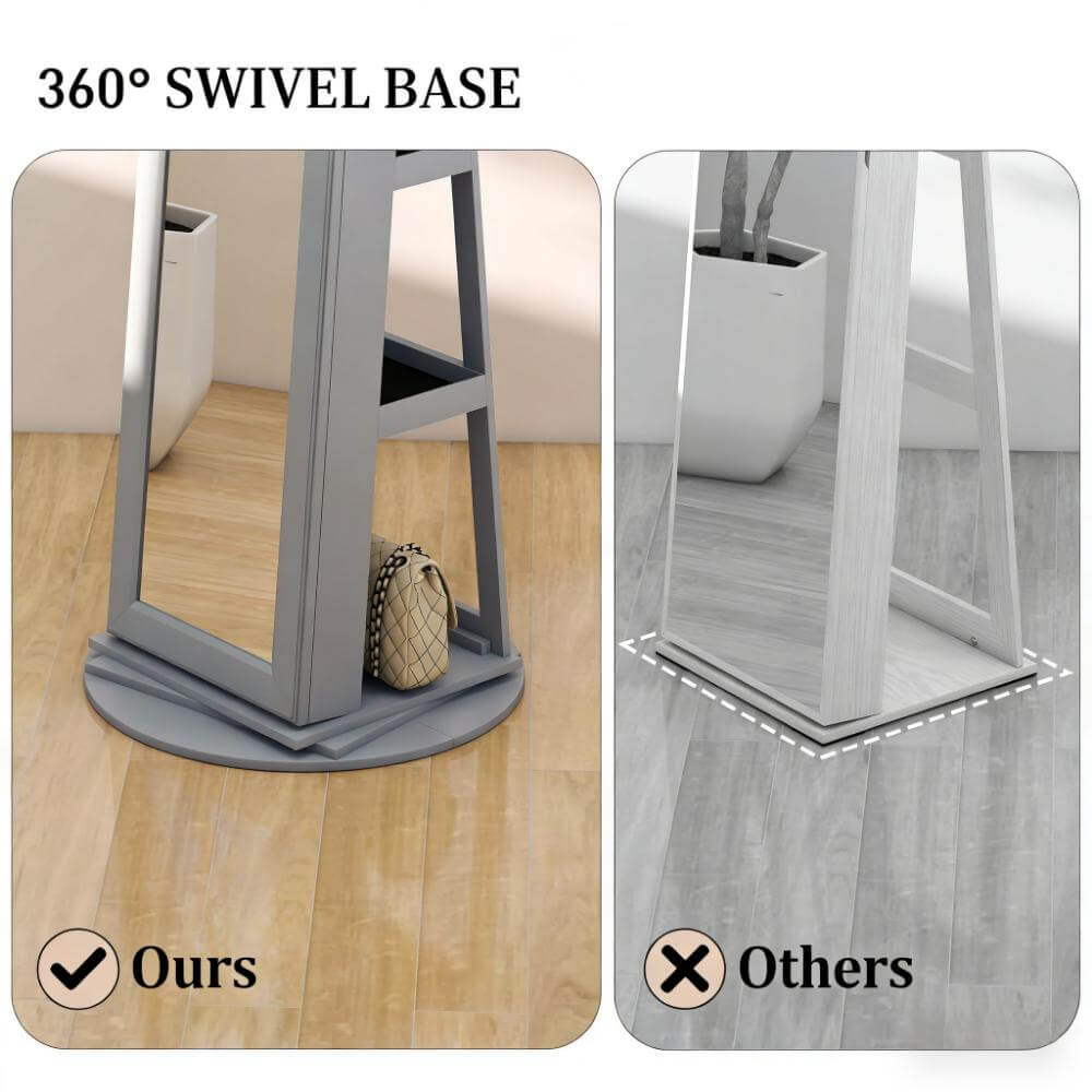 Lockable 360° Gray Swivel Full-Length Jewelry Cabinet Mirror with Storage Shelves