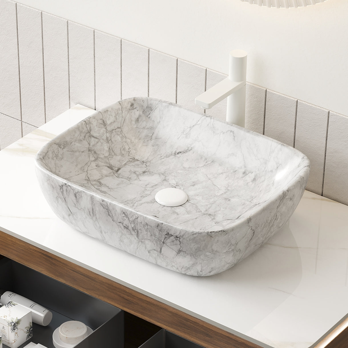 19"x15" White Ceramic Rectangular Bathroom Sink with Marble Pattern