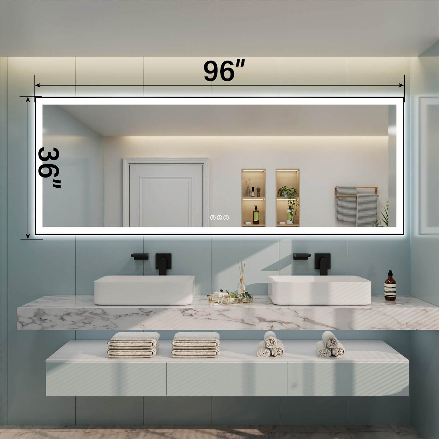 96x36 inch dual sink rectangular LED bathroom mirror with dimension markings