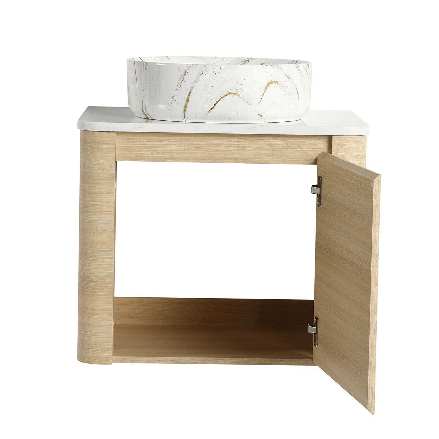 front view of 24 inch White Oak Bathroom Vanity with Golden Stone Pattern Ceramic Vessel Sink