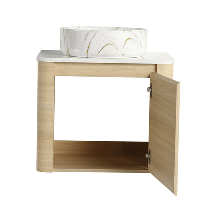 front view of 24 inch White Oak Bathroom Vanity with Golden Stone Pattern Ceramic Vessel Sink