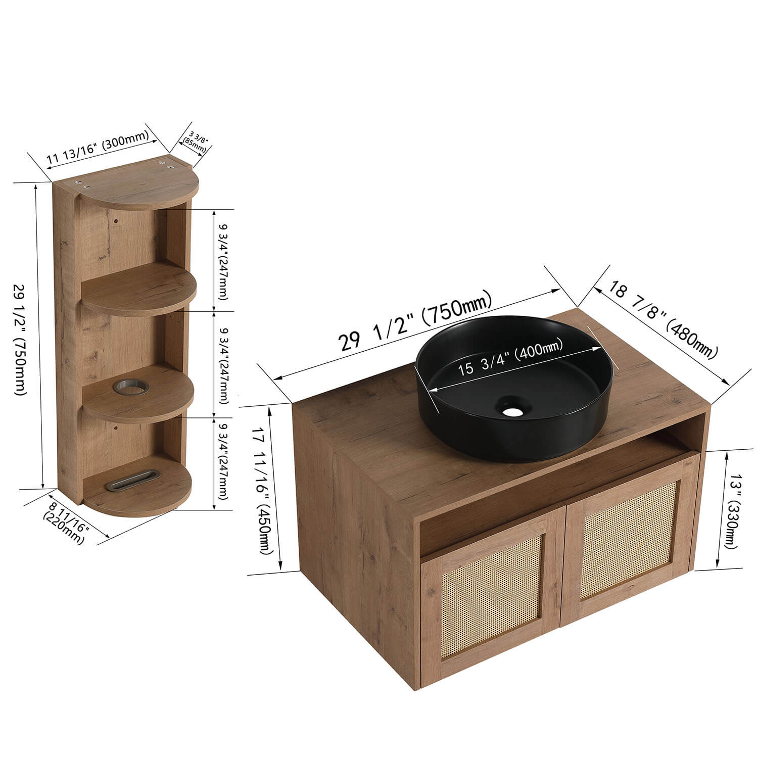 30" Floating Vanity with Black Ceramic Sink and 12" Wall Storage Cabinet