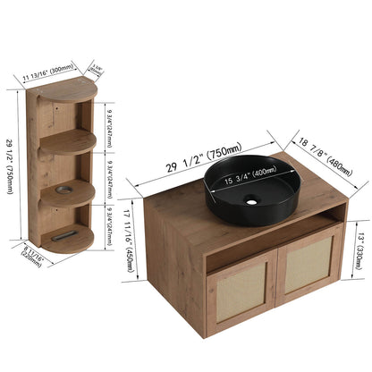 30" Floating Vanity with Black Ceramic Sink and 12" Wall Storage Cabinet