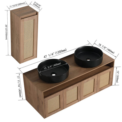 48" Bathroom Vanity with Black Ceramic Sink and 12" Wall-Mounted Cabinet