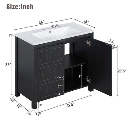 Classic 36-inch espresso vanity cabinet with distressed elegance and hidden handles for a seamless look