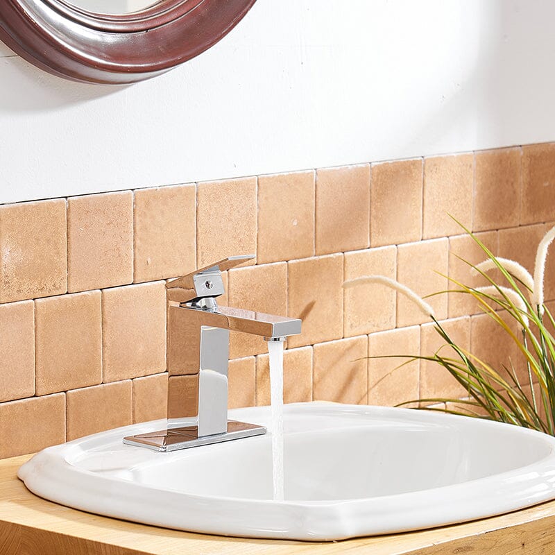 Modern Single Hole Low Arc Bathroom Sink Faucet Single Handle Solid Brass with Pop Up Drain