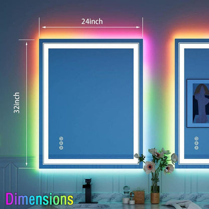 RGB LED Light Bathroom Vanity Mirror Small Rectangular Frameless Anti Fog