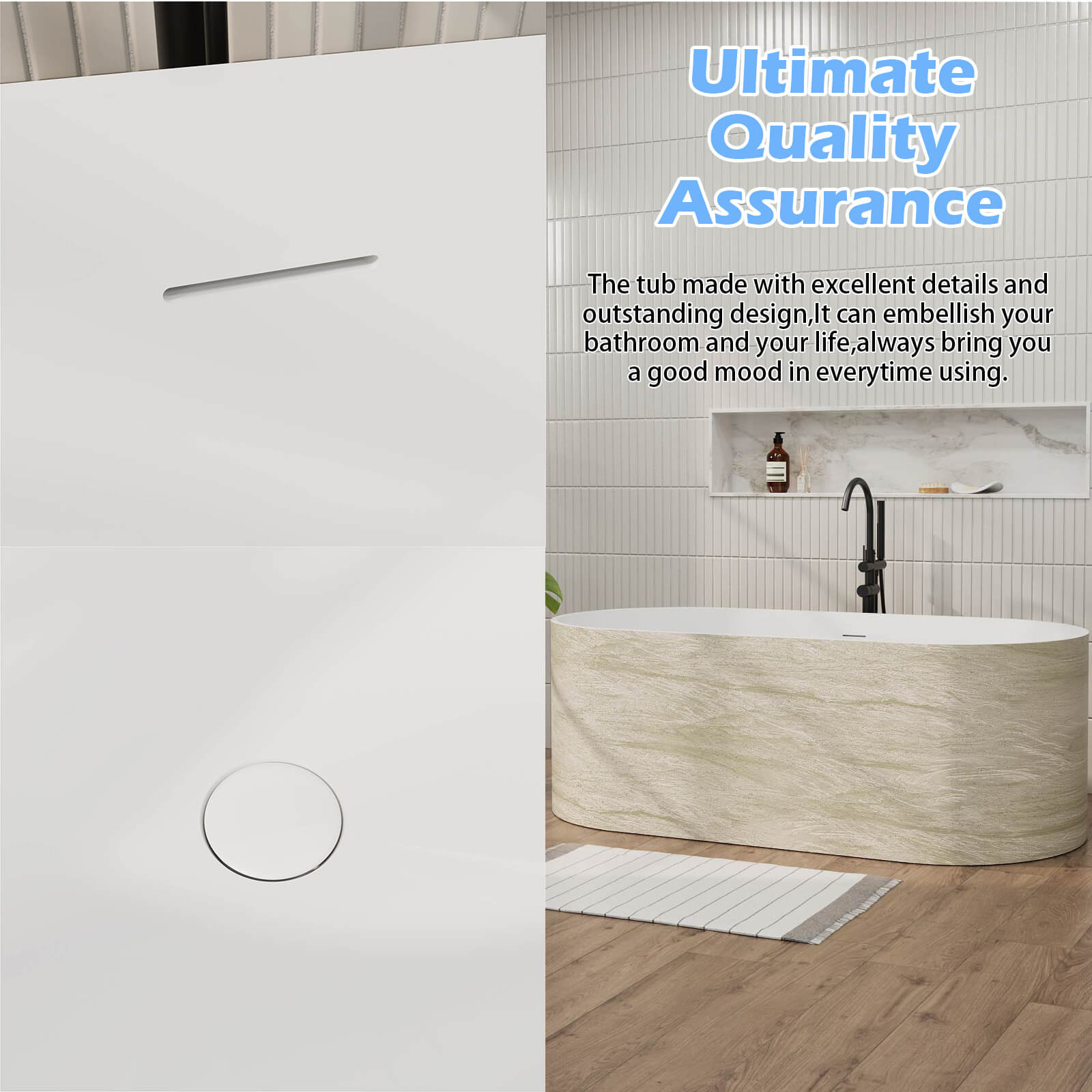 63" Beige Freestanding Solid Surface Bathtub in Stone Resin