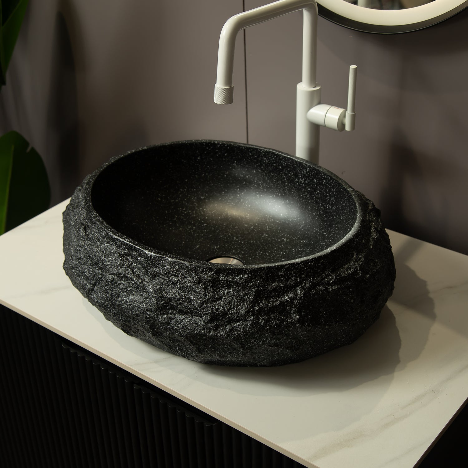 Dark Gray Stone Pattern Resin Vessel Bathroom Sink oval basin interior drain hole rock-like exterior