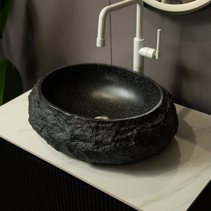 Dark Gray Stone Pattern Resin Vessel Bathroom Sink oval basin interior drain hole rock-like exterior