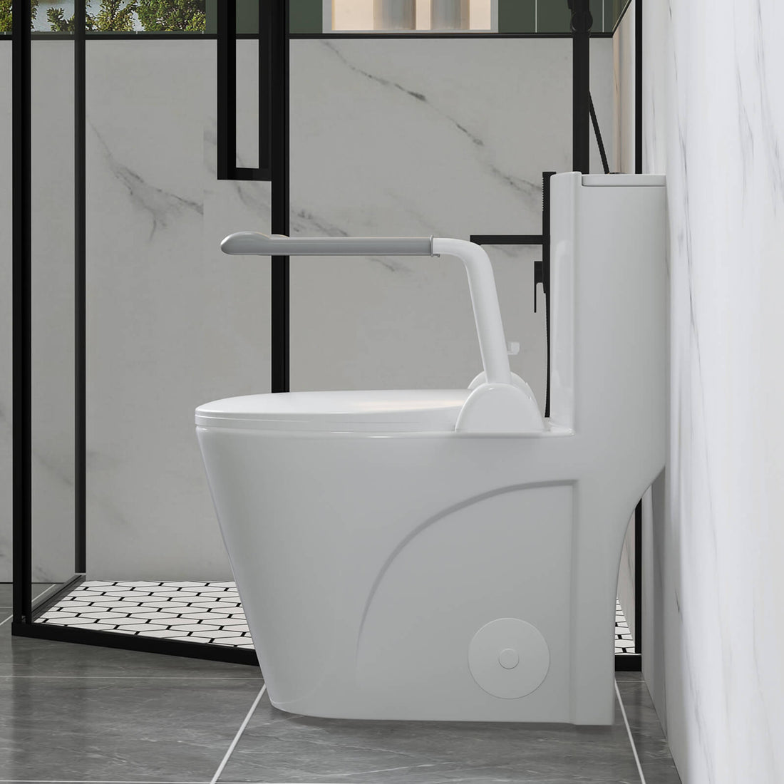 ADA height toilet with anti slip grab bars for seniors and accessible bathrooms