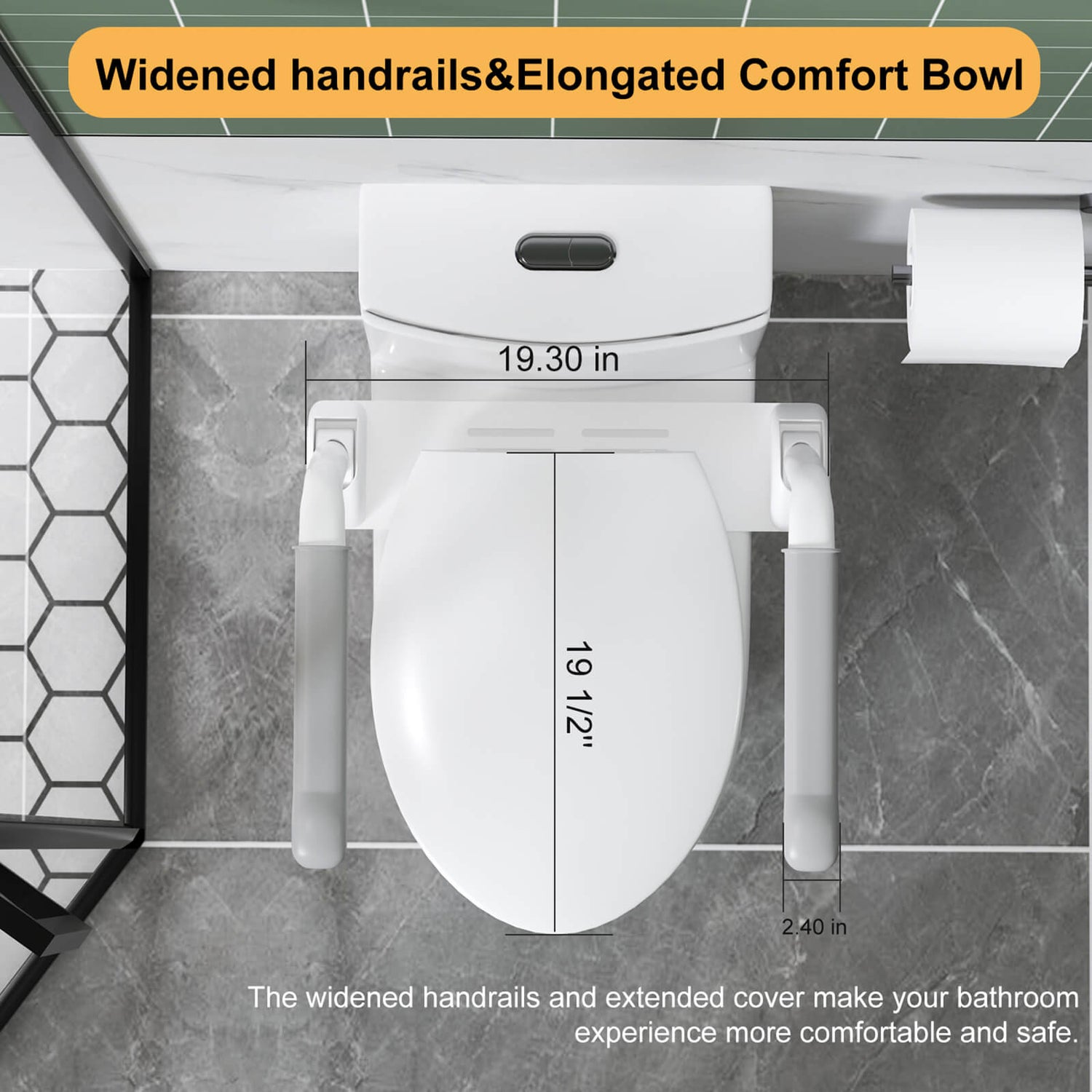 ADA toilet with carbon steel rails for enhanced balance and safety