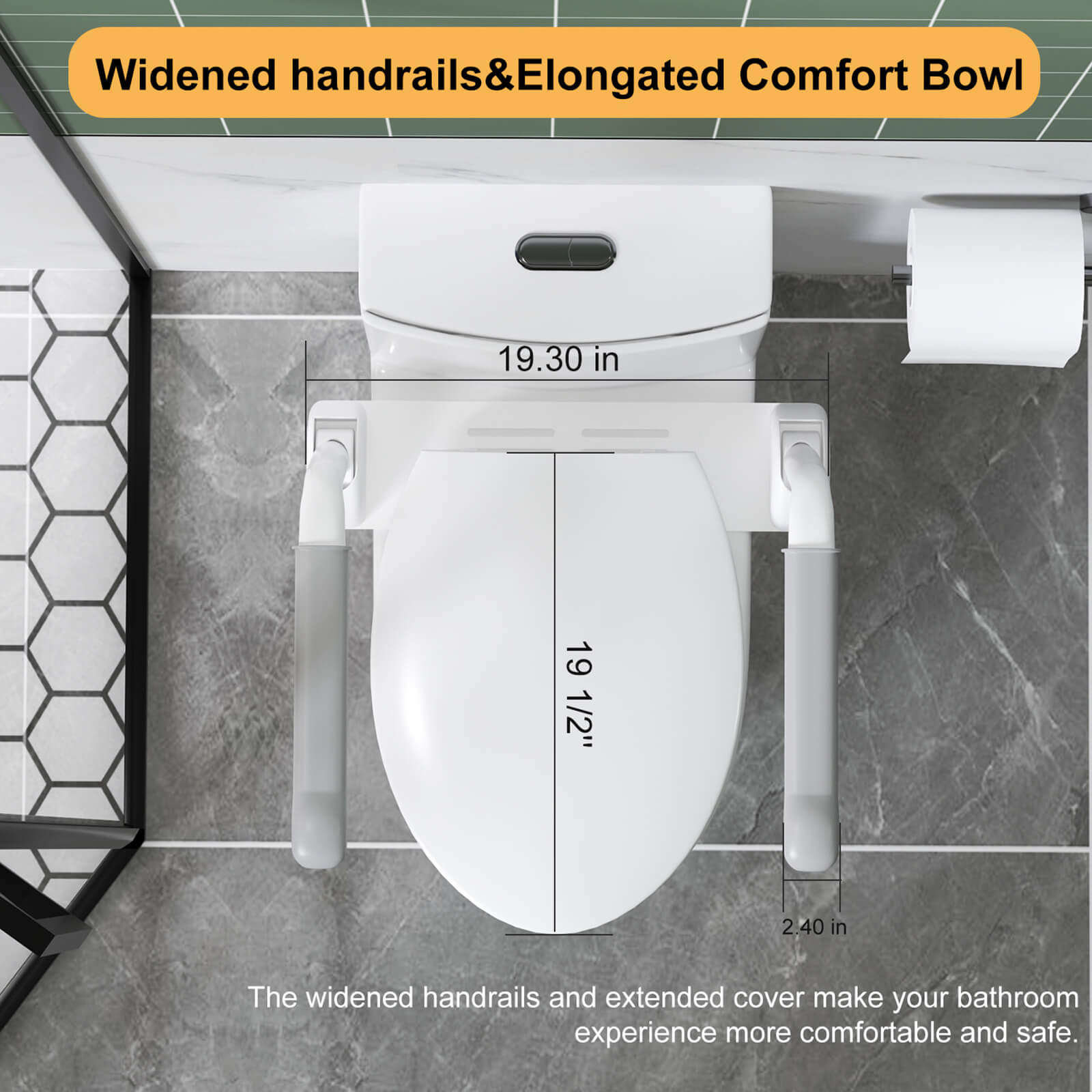 ADA toilet with carbon steel rails for enhanced balance and safety