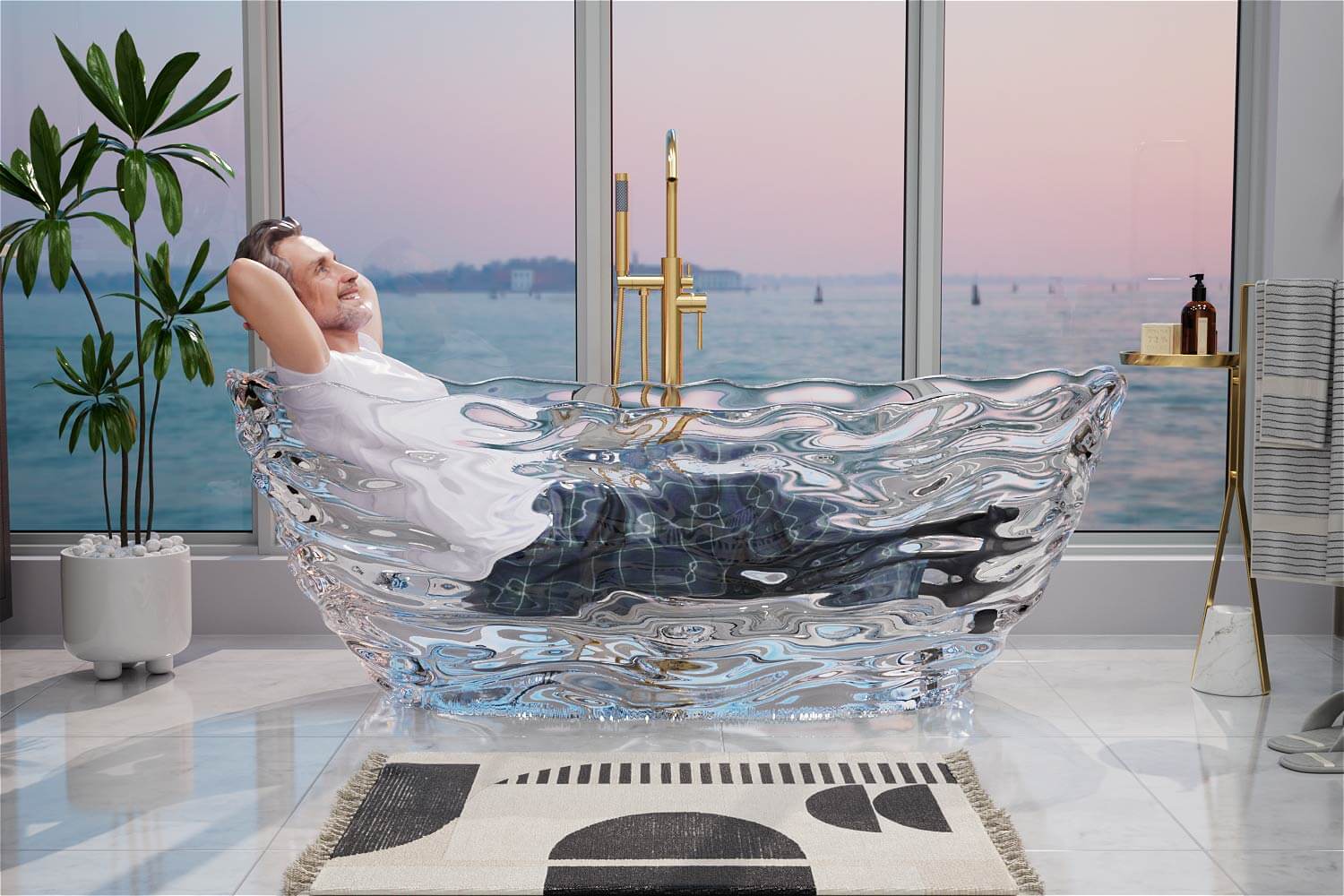A man lies in an oval transparent soaking tub
