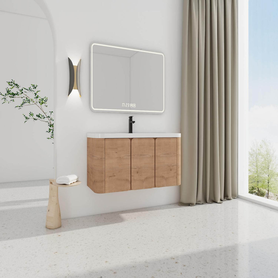 A modern wall-mounted vanity with a White Resin Sink and LED mirror.