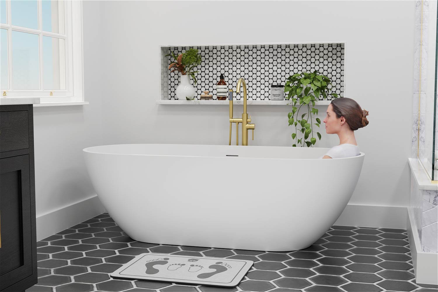 A woman lies in an ergonomically angled bathtub