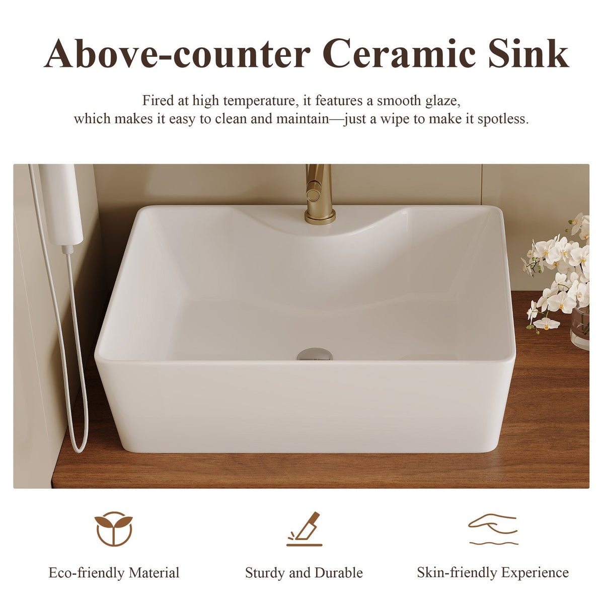 Above-Counter White Ceramic Vessel Sink Smooth Glaze Easy to Clean