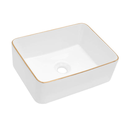 Above counter gold rim sink on modern bathroom vanity