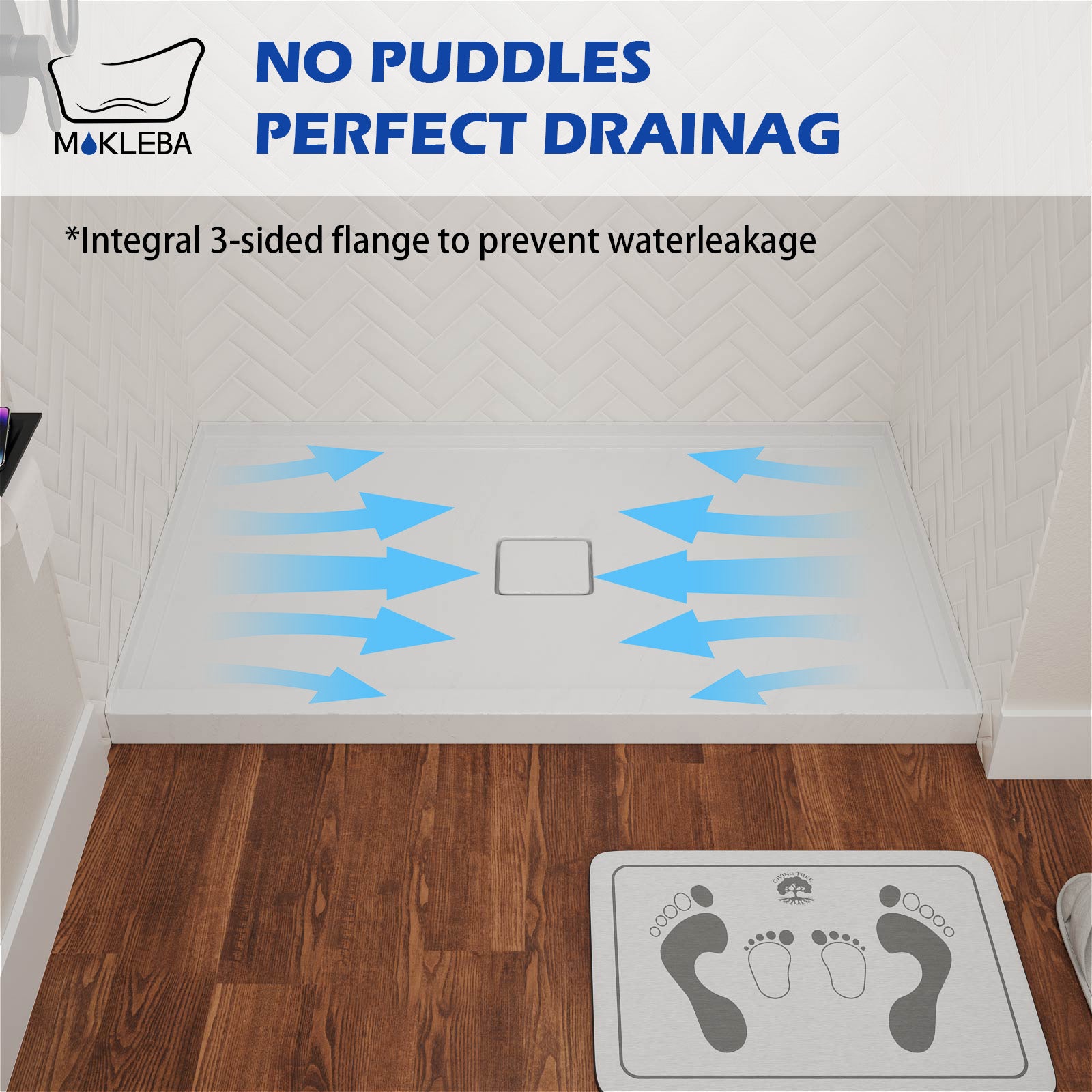 Acrylic shower base with integrated tile flange for easy waterproofing