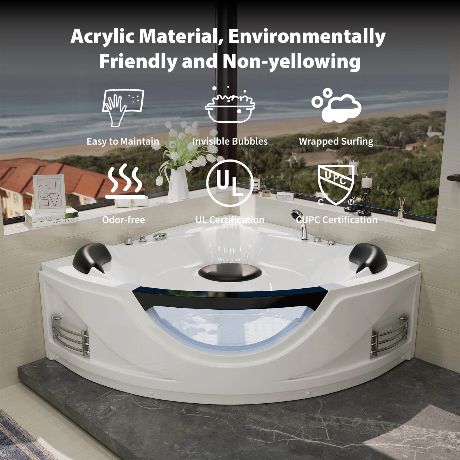 Acrylic corner whirlpool tub with UL UPC certifications and easy maintenance
