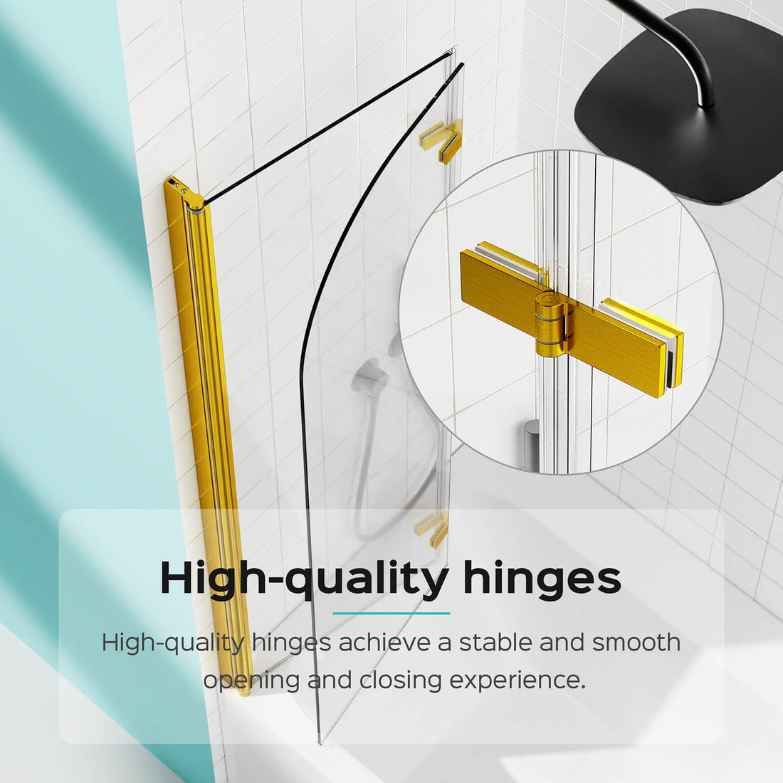 Adjustable pivot brushed gold tub shower door with 90_ folding panels