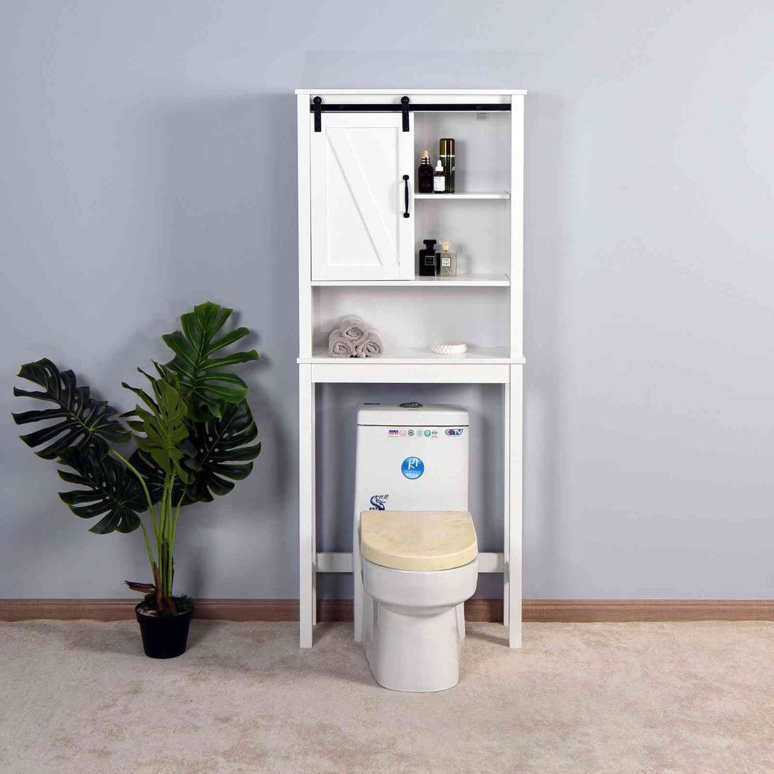Adjustable White Over Toilet Storage Cabinet with Barn Door for Space Efficiently