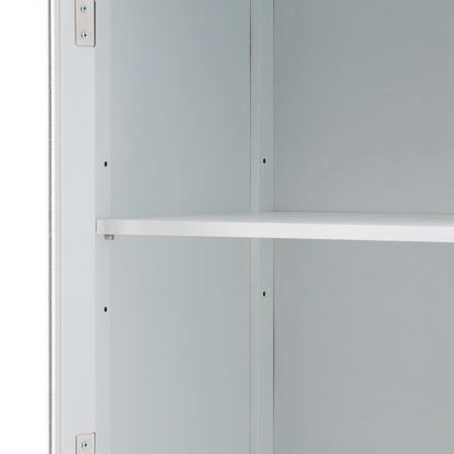 Adjustable shelf detail on 63 inch tall white freestanding linen cabinet