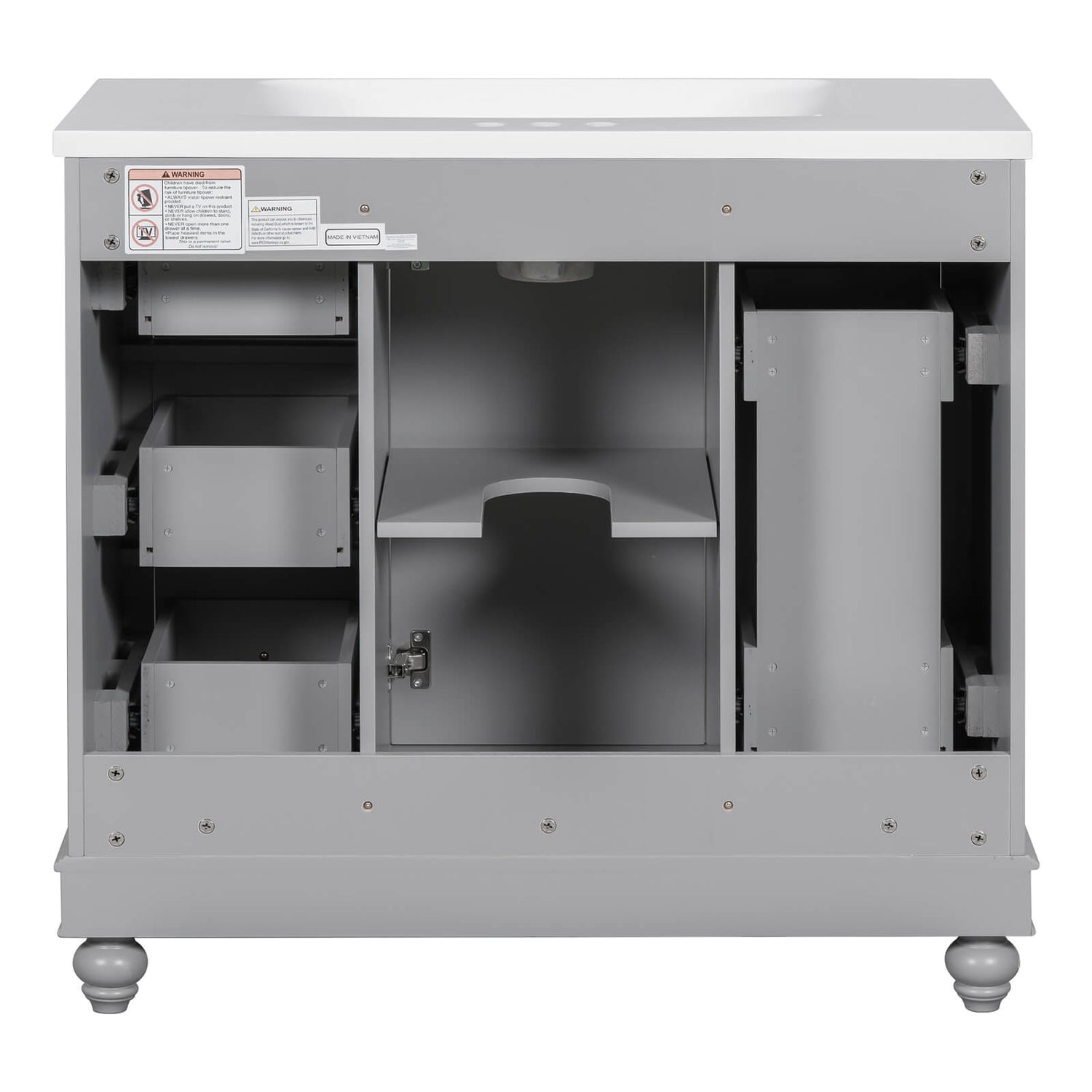 Adjustable shelf inside the cabinet of the gray bathroom vanity for better organization
