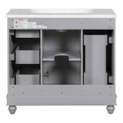 Adjustable shelf inside the cabinet of the gray bathroom vanity for better organization