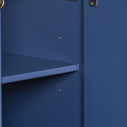 Adjustable shelves inside a spacious navy blue vanity cabinet